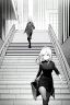 Placeholder: girl runs on the stairs, greyscale