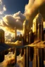 Placeholder: A golden glass city, castle walls with clouds above them