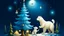 Placeholder: fantasy cartoon illustration: an Arctic fox, a reindeer, a polar bear, a rabbit are decorating a Christmas tree, beneath a full moon