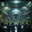 Placeholder: a video conference on transparent video screen with multiple sick aliens held by a scientist in dark lit reflective wet jungle metallic hall dome hotel tunnel, in the style of a fallout 4,bokeh like f/0.8, tilt-shift lens 8k, high detail, smooth render, down-light, unreal engine, prize winning