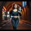 Placeholder: a modern city jewell lights , a beautiful fashion model lady with cute,curvy hair,makeup, in pretty sports suit is running in street ,dynamic camera fallow her inside cave capturing full body, dynamic lights.
