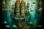 Placeholder: A grayish teal underwater castle with fish painted by Antoni Gaudi