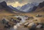 Placeholder: lord of the Rings Edoras, Night, rocks, mountains, river, vegetations, dry weeds, sand, konstantin korovin impressionism paintings