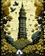 Placeholder: giant dark tower, with beautiful bees flying around, in shephard fairey style graphic, urrounded by golden leaves, sharp detailed graphic, garden background with blue sky and white clouds.