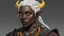 Placeholder: Ash is a 37 year old female tiefling fisherwoman. She has cropped, braided, white hair and yellow cat-like eyes. She has dark, black skin. She has two small, black horns on each side of her head that protrude vertically. She has a lean build. She has an edgy face.