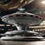 Placeholder: photorealistic uss enterprise ncc-1701X, saucer section connected by a thick angled neck down to the body of the ship, a long pillshaped oval with a deflector dish stuck in the front and a landing bay in the rear