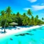 Placeholder: A pristine tropical island with palm trees, speed boats, crystal-clear turquoise waters, and a deserted white-sand beach.