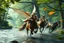 Placeholder: oil painting ,motion blur running caped long haired male angel pixie Quickling - Forgotten Realms dodging magical fire arrows above water and along winding branches in lush green forest holding arms around neck of speeding horses , bokeh like f/0.8, tilt-shift lens 8k, high detail, smooth render, down-light, unreal engine, prize winning