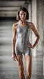 Placeholder: beautiful anorexic woman, total shot, short silver triathlon swimsuit, short brunette wavy bob hair, blurred concrete background