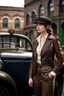 Placeholder: young woman with straight shoulder-length hair, dressed in brown leather trousers and waistcoat, leather gloves and a fascinator in an old industrial courtyard, next to a steampunk steam car on a summers day