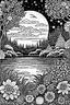 Placeholder: Create a mesmerizing line art featuring a tranquil lakeside scene under the moonlight. Include elements like a crescent moon, softly rippling water, and mystical flowers. Craft intricate details that capture the serenity of the night. Encourage the use of cool, to evoke a dreamy and enchanting mood. Let your coloring skills transform this moonlit lake into a captivating and magical master for coloring book