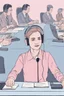 Placeholder: The simultaneous interpreter is sitting at a table with headphones with a microphone at a foreign briefing, the background is blurred, everything is in pastel colors, the hands are drawn with precision.