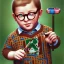 Placeholder: peter billingsley chubby kid with spectacles, gripping a single ((Dark red))soap bar, ((brown))argyle sweater