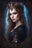 Placeholder: painted portrait of a young gothic queen with light brown hair and blue eyes, very beautiful, dark fantasy