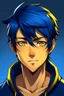 Placeholder: handsome young man with dark blue hair and yellow eyes anime realistic smirking