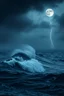 Placeholder: Right high waves in the middle of the ocean in dark storm and thunders in the cloudy sky with a dim full moon , cinematic scene, great photography, 8k , high quality