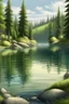 Placeholder: Draw me a lake with a spruce forest with mossy stones