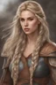 Placeholder: A drawing of beautiful woman with blond hair, viking braids Brown leather armor.