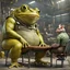 Placeholder: a big fat yellow-green anthropomorphic frog in human cloths sitting on a massive metal chair at the wooden table, talking with opposite sits on a less chair pale brown little mutant anthropomorphic frog with a round head, big round eyes and little pig ears on his head and wearing work clothes and looking the frog, in background blur empty assembly workshop, hangar, pale light, high detalied, high realistic, professional photo, sci-fi mood, fantasy style, digital art