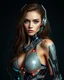 Placeholder: Beautiful woman super model brown long hair science fiction style humanoid half with full body cyborg mechanicals and cybernetics lights,she on standing sweet pose