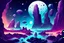 Placeholder: Rocky alien landscape with cliff, river, galaxy, sci-fi, epic with two small astronaut warriors standing navy coloring computer game style