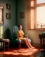 Placeholder: Room scene with sit woman, Wes Anderson style, realistic photo, concept art, smooth, unreal engine 5, god lights, ray tracing, RTX, lumen lighting, ultra detail, volumetric lighting, 3d.