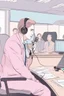 Placeholder: The simultaneous interpreter is sitting at a table with headphones with a microphone at a foreign briefing, the background is blurred, everything is in pastel colors, the hands are drawn with precision.