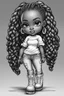 Placeholder: Create a black and white coloring page of a cartoon of a curvy African American chibi female wearing tight jeans and a off the shoulder blouse. She is also wearing timberland boots.. Highly detailed very long extremely braids of hair. Her skin is smooth and silky. Background of a track of ATV riders. No coloring, no shading, no grayscale,