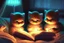 Placeholder: phosphorescent glowing cute soft chibi kittens in a bedroom, reading a book by candlelight on the bed