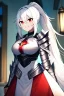 Placeholder: girl, masterpiece, best quality, cinematic lighting, detailed outfit, vibrant colors, perfect eyes, long hair, white hair, red eyes, ponytail, messy hair, hair between eyes, indoors, depth of field, ray tracing, armored dress, angry, smile,