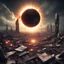 Placeholder: the remains of a destroyed world with a solar eclips happening