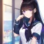 Placeholder: Clear focus,High resolution,High quality, Wearing a sailor uniform, Black long straight hair, Purple sparkling eyes, Hand on mouth, Smiling