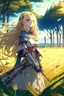 Placeholder: Anime, blonde girl in medieval clothing in large field in the middle of the forest, HD, extreme detail