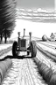 Placeholder: Outline art, no shading, tractor on the road, cartoon style, black and white, low detail, --ar 9:11