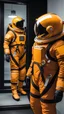 Placeholder: Photo realistic side view shot from European space agency an astronaut girl amazed by landscape of Mars wearing sufficient mostly glass yellow, orange uniform of year 2100 improved, no apparatus on chest, unique amazing mask color #edb00e, mask vision 80%, sleek mask is big size 80% made of glass color #edb00e, yellow smooth mask orange color gradients, enhanced exposure lights, surprised with landscape emotional delicate athletic body, futuristic appealing intricate
