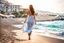 Placeholder: long shot, beautiful Turkish girl with nice blue eyes wearing a dress walks in shore toward camera , sharp focus all the scene, natural light, vertical composition, relaxed and natural, fresh and comfortable ,in seaside there are luxury beach hotels.