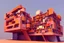 Placeholder: geometric hotel of the future with people in abstract 3d peach red and orange