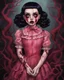 Placeholder: full color, illustration of a darkred and pink tones, menacing, Singer Melanie Martinez face, as a decayed, broken, skin turned translucent, black veins that extended like roots beneath her skin, latex suit, crude homemade cloth doll toy, with a narrow cracked porcelain face, thick dark eyebrows, hair in two gradually, made from ragged strips of cloth, in the style of Alex Pardee, Tim Burton, and Nadya Sheremet