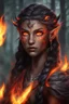 Placeholder: Fire Eladrin druid female. Hair is long and bright black part glows. Part of hair is braided and fire comes out from it. Big bright red eyes. Is generating fire with her hands . Skin color is dark. Has a big deep scar on face. Is making fire from hands