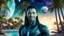 Placeholder: beautiful gorgeous young man na'vi with long hair, Avatar, blue skin, two small ears, green eyes, black hair, in cosmic suit, galactic ambiance, medium pointy goatee , smiling, with spaceship and planets and palm trees and clear crystaline cosmic beach in background