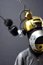 Placeholder: Metallic Cyber-punk man with camera-mask and old AKG-style headphones with golden rings. Fencing mask covers man's cheeks. Good body shape. Reflective plastic. Body and head full of integrated old-fashioned cameras. Ancient silver telephone attached to perfect body, trunk. Euclidean 3D-tiling, Escher tiling, background. Cables from joints. Daft Punk, Tron&Matrix movies, black leather jacket, tippet. Black latex areas in black leather surfaces body. 1990's. Trypophobia, noctuid eyes