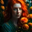 Placeholder: a red-haired girl and orange carnations, flowing hair, a light smile on her lips and lots of colors, rich green eyes, intricate fantasy, beautiful, colorful, clear quality, magical, attractive, beautiful, poster, 8k, cinematic post-processing