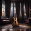 Placeholder: Hyper Realistic extremely-fancy-guitar standing on a floor of a fancy castle lounge with beautiful windows & velvet-curtains-with-musical-notes-printed-on-curtain at dark night with dramatic-&-cinematic-ambiance