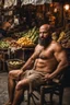 Placeholder: half figure photography of a burly beefy muscular strong 39-year-old arab in Istanbul bazaar, ajar mouth, shirtless, short beard, bald, selling fruits sitting on an old chair, biig shoulders, bulge, manly chest, very hairy, side light, view from the ground