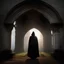 Placeholder: A cloaked figure standing beneath a crumbling Gothic arch, face concealed by shadows. Photograph him against a misty graveyard backdrop at twilight.