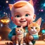 Placeholder: (masterpiece, best quality, 8k, RAW photo, beautiful and aesthetic:1.2), complex detail, Indirect light, photorealistic, (((full body))), Cosmic Boss Baby style smiling, bald, with a ginger cat companion, colorfull Sci-Fi environment