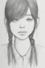 Placeholder: A drawing of a girl with calm features and long black hair that shows only her face. A black and white drawing. She wears a red hair tie around her neck. A pen drawing. The girl's eyes are almond-shaped, her nose is small and round, her lips are plump, her face is round.