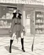 Placeholder: full-length, young woman dressed like a modern-day witch, with dark hair, outside a shop