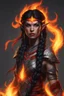 Placeholder: Visualize a fierce eladrin druid with blazing jet-black hair, each strand seemingly on fire, conjuring flames with her hands. Her eyes, a bright red that shines with a fiery intensity, add to the dramatic display of elemental power. The flames dance within the intricate half-braided, cascading hair, creating an entrancing spectacle. Clad in minimalistic armor, she channels magic and fire, a notable scar on her face revealing battles fought.