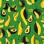 Placeholder: Weird splash art, minimalism, banana that wearing an avocado like a skin suit, yellow-Kelly_green dual color, black background.